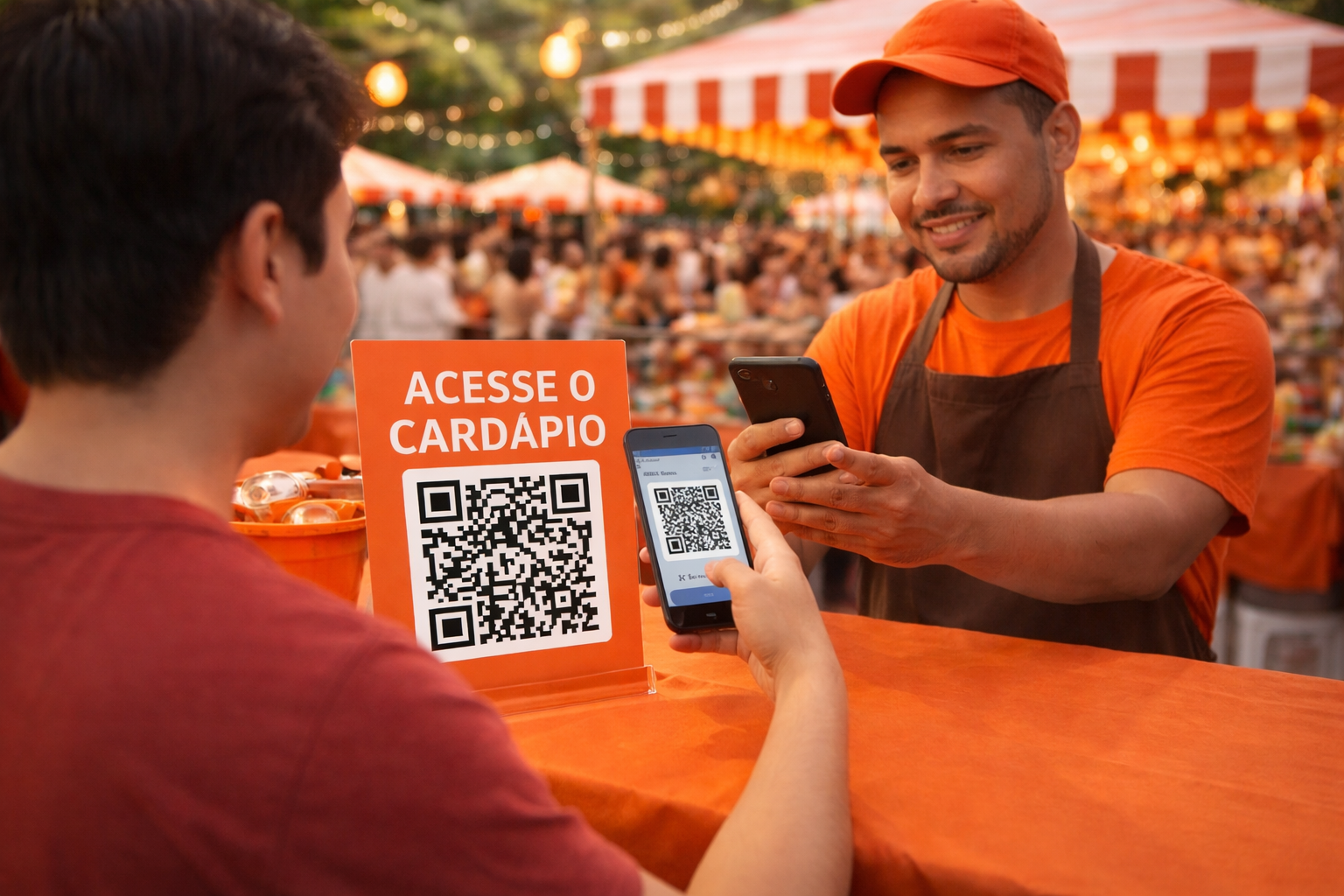Cliente escaneando QR Code do cardápio digital Barty em evento gastronômico